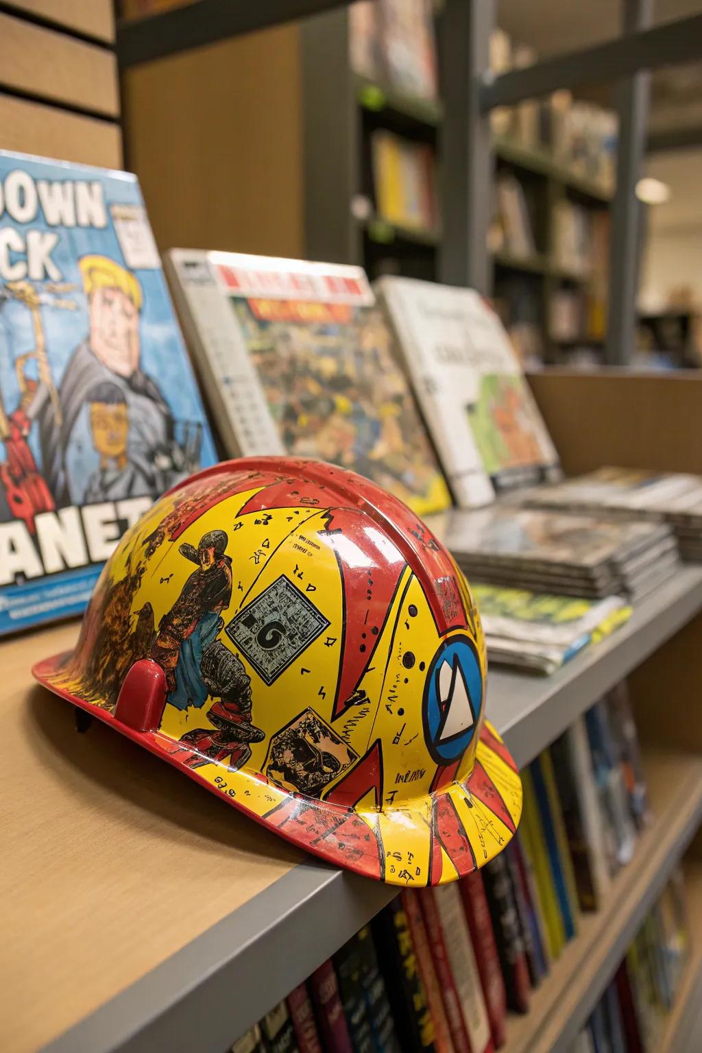 A hard hat animated with comic book flair.