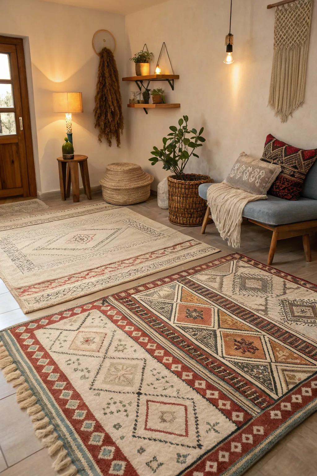 Layering rugs adds depth and texture to the decor.