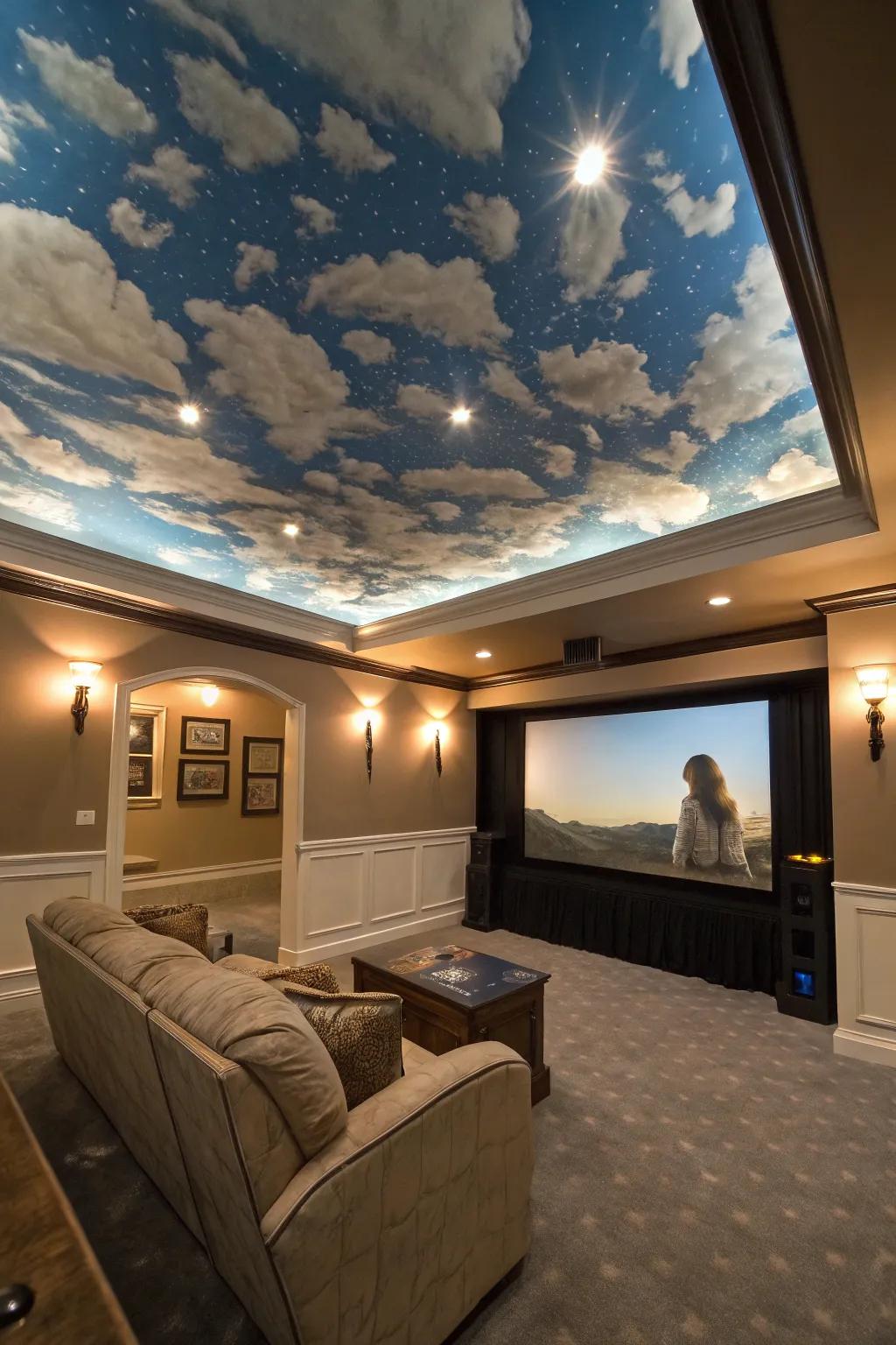 Produce an airy sensation through a sky-themed ceiling.