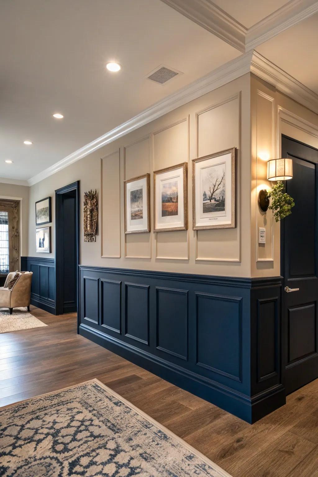 Room with deep navy baseboards providing a striking color contrast.