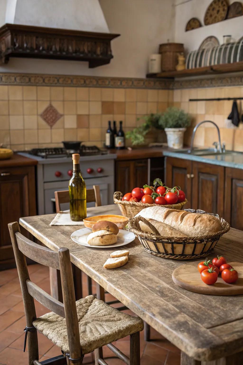 A bold rustic table becomes the heart of the kitchen.