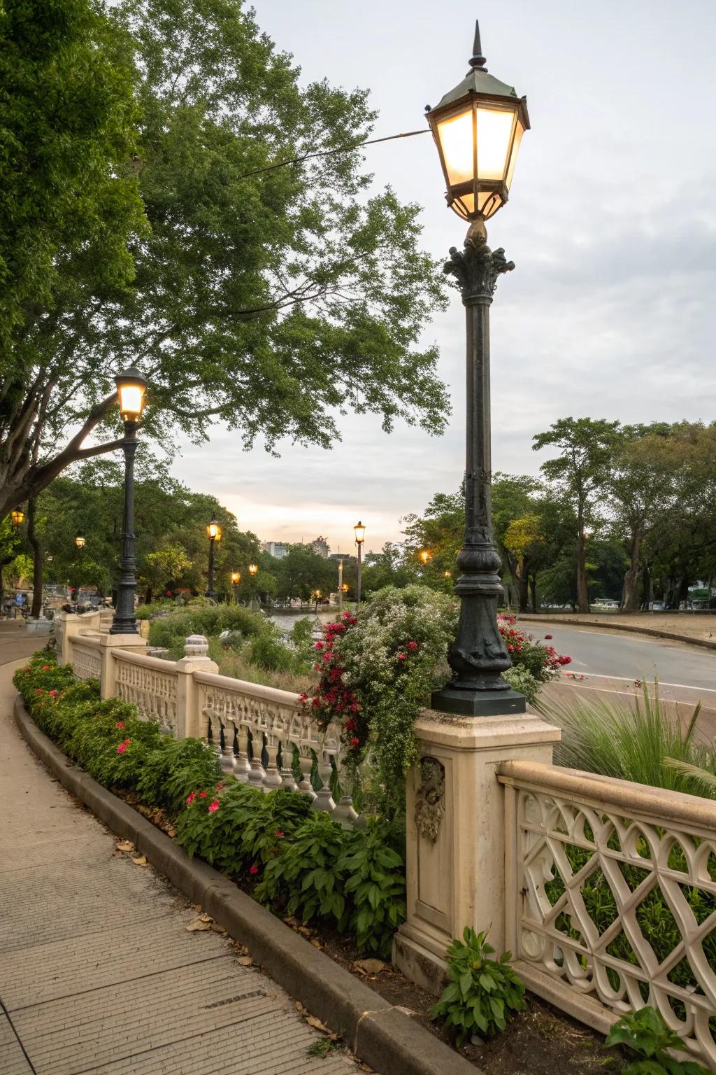 Decorative fencing adding charm to a lamp post landscape.