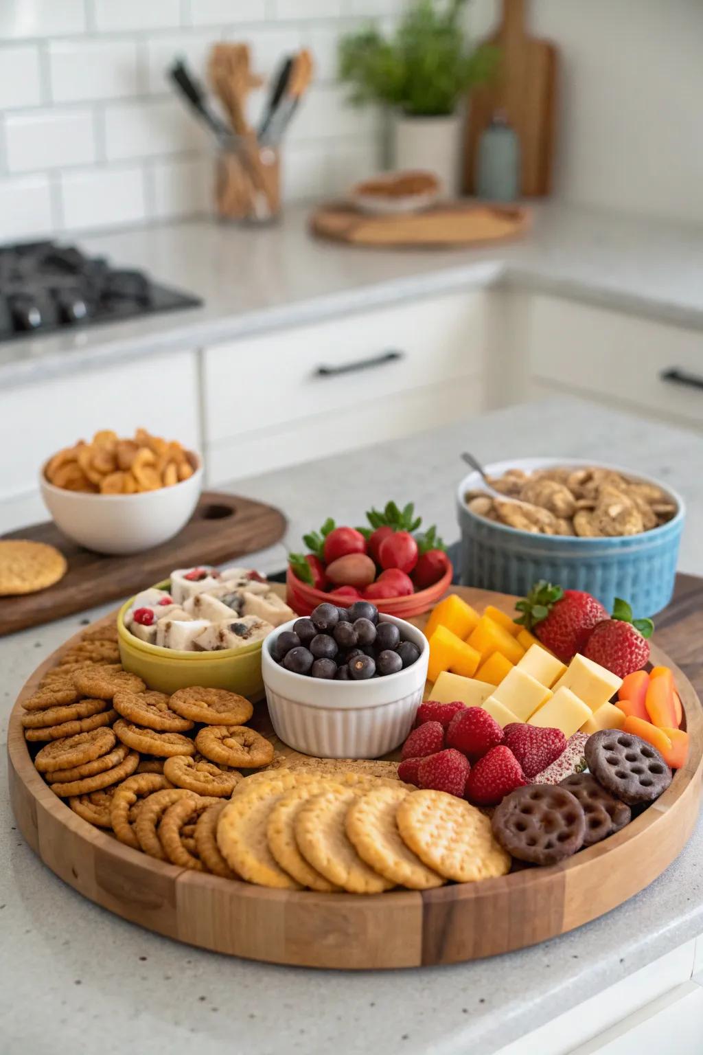 A fun and inviting snack station with a lazy Susan.