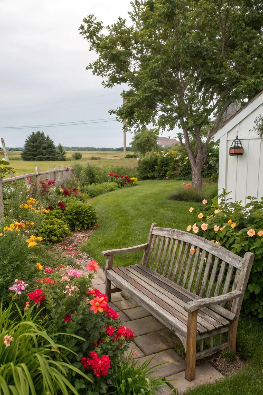 A wooden bench inviting you to enjoy the garden.