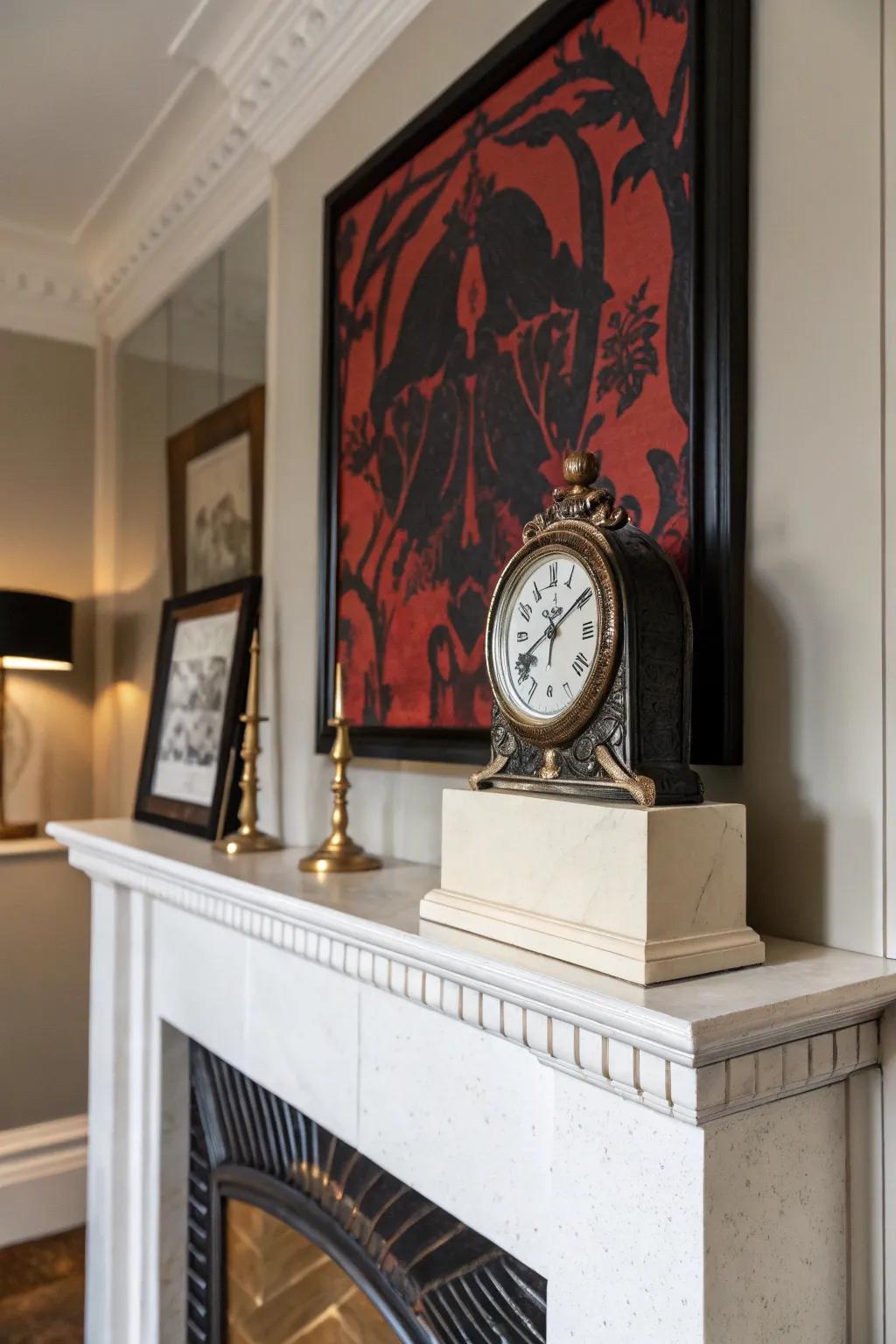 A striking mantel with a clock and bold artwork.