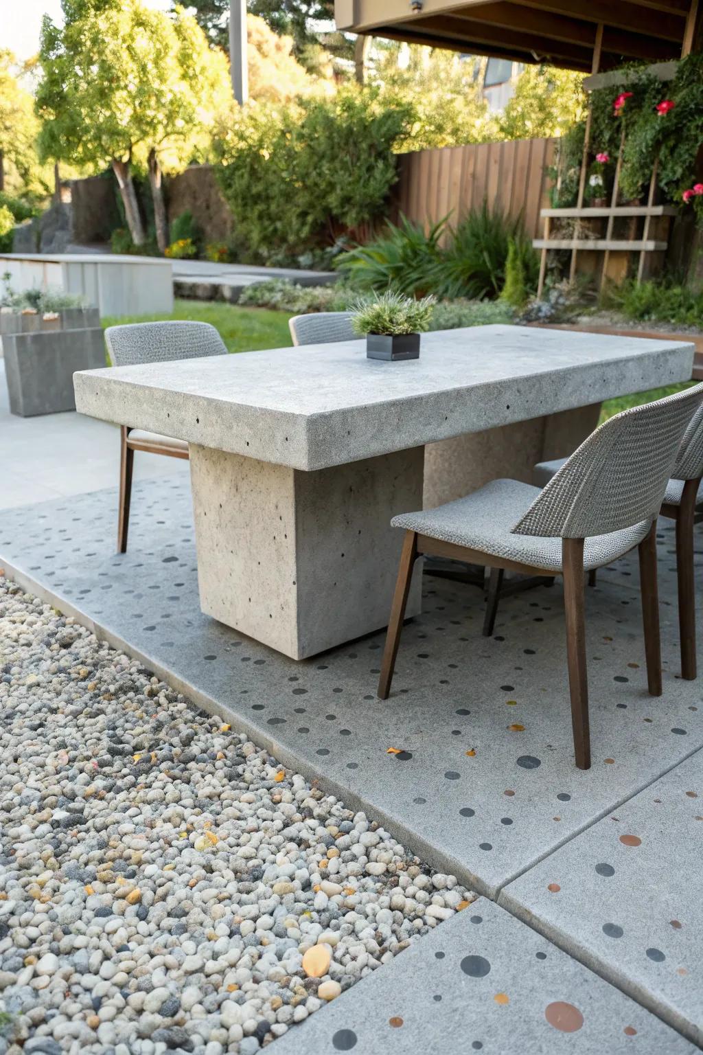 Concrete furniture adds style and durability.