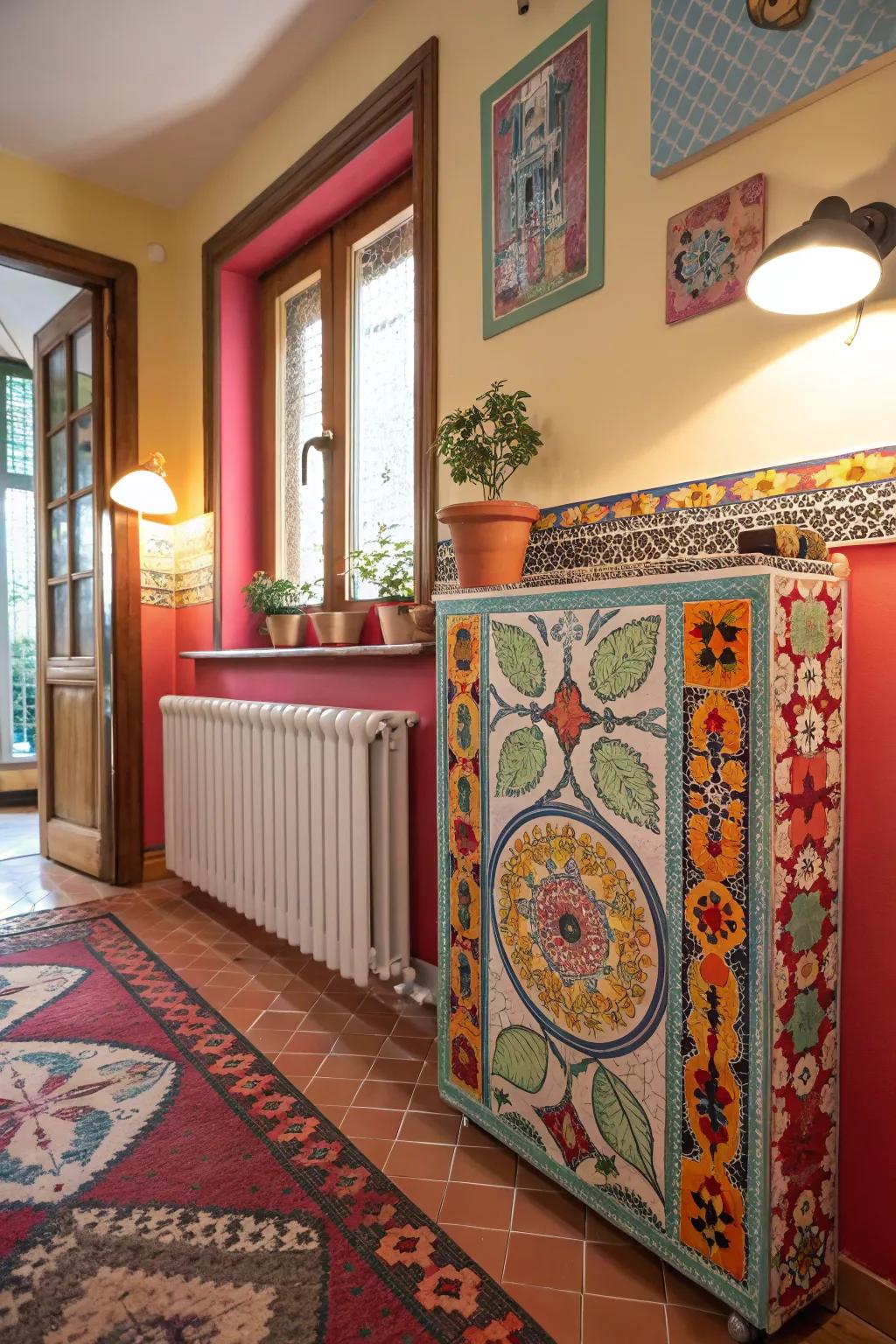 A radiator shield featuring vibrant mosaic fragments.