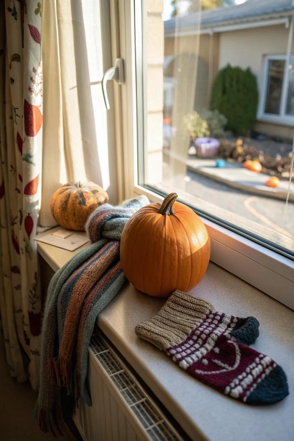 Cozy elements like scarves and mittens make this pumpkin feel snug.