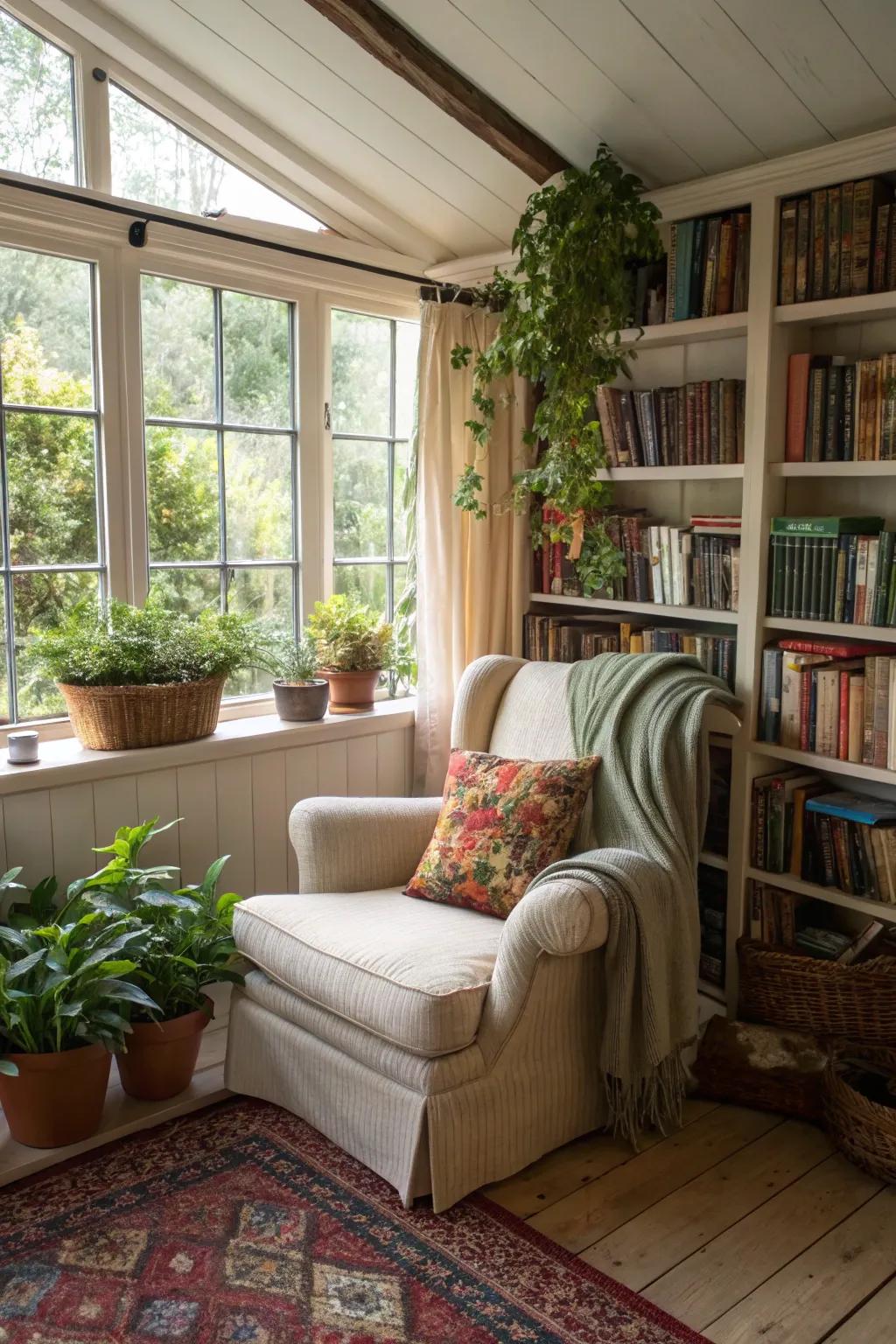 A reading nook providing a quiet escape in a garden room.