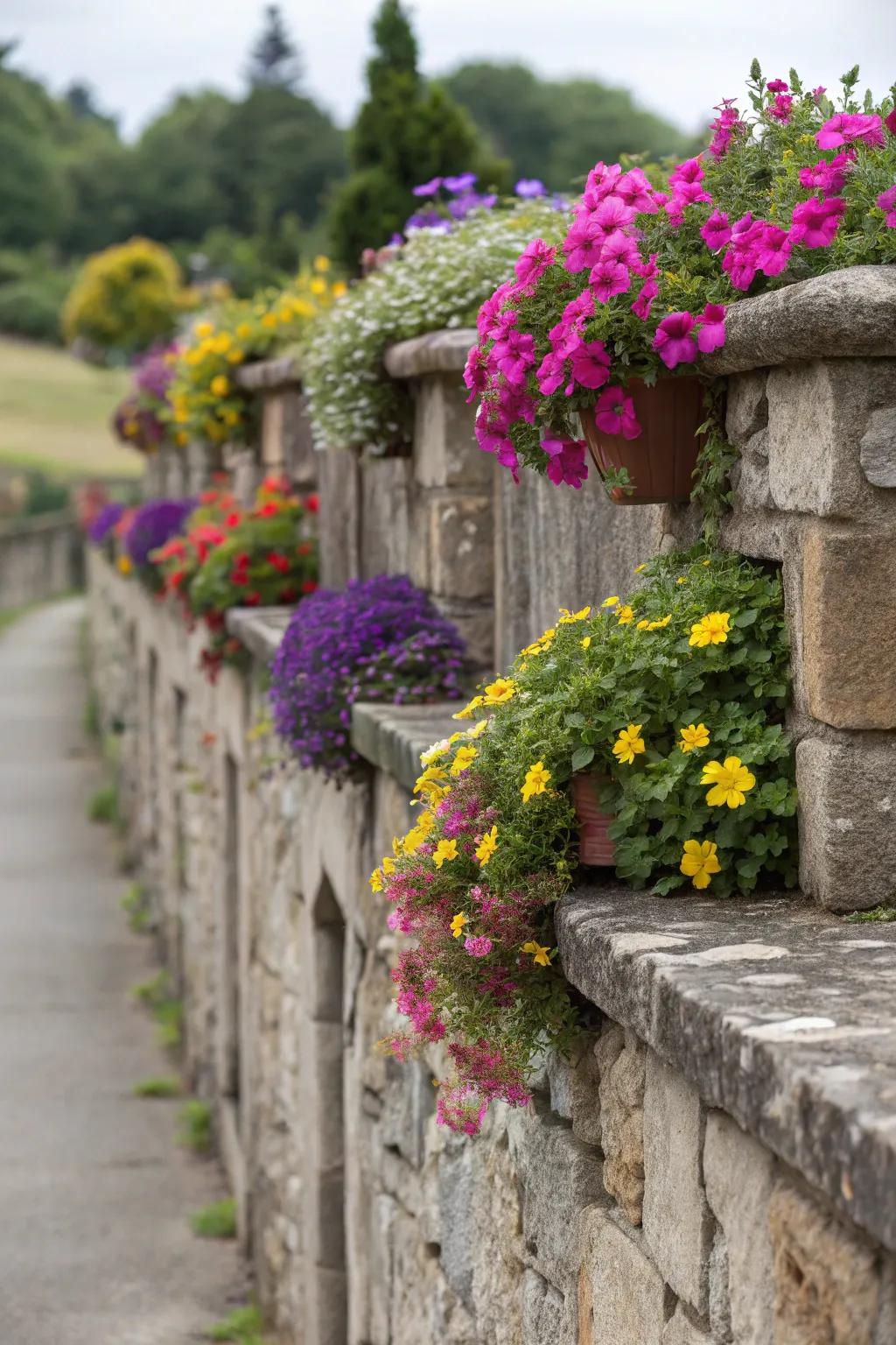 Planters within stone walls create vibrant garden accents.