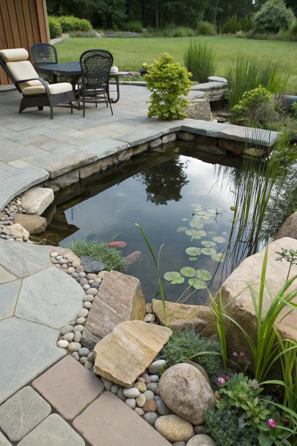 A small pond offers a serene and picturesque element to your patio.