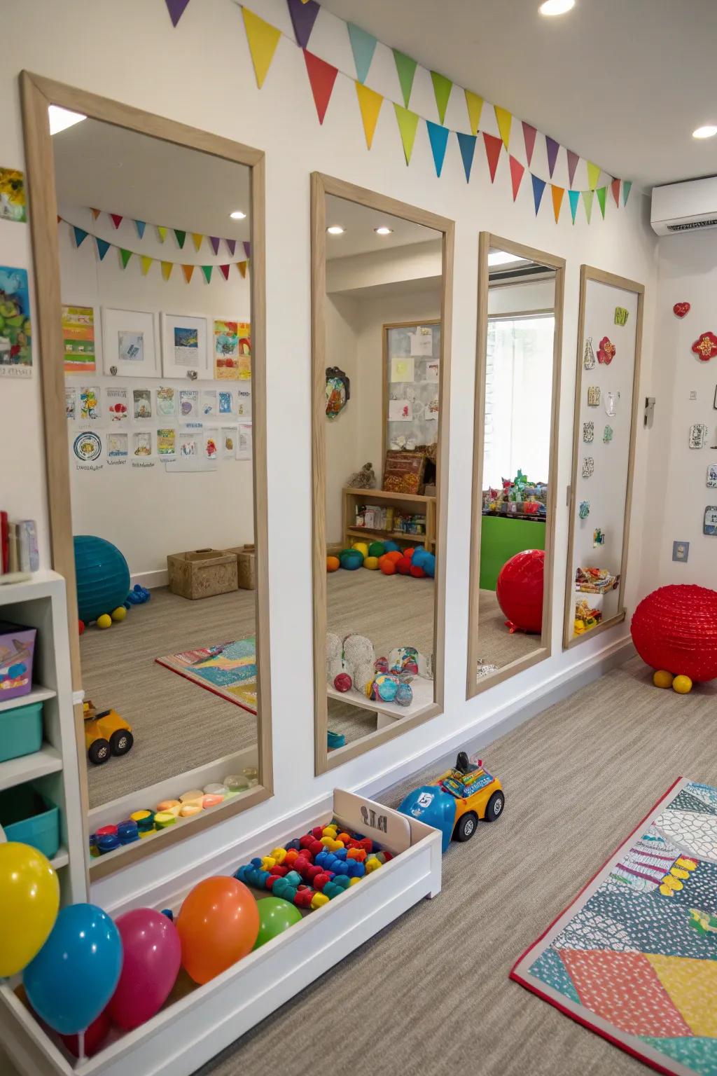 Mirrors in a playroom, creating an illusion of a larger space.