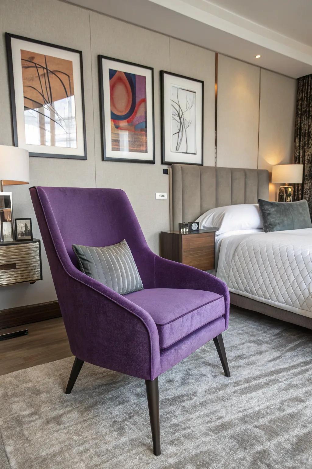 A purple statement chair elevates the room's style quotient.