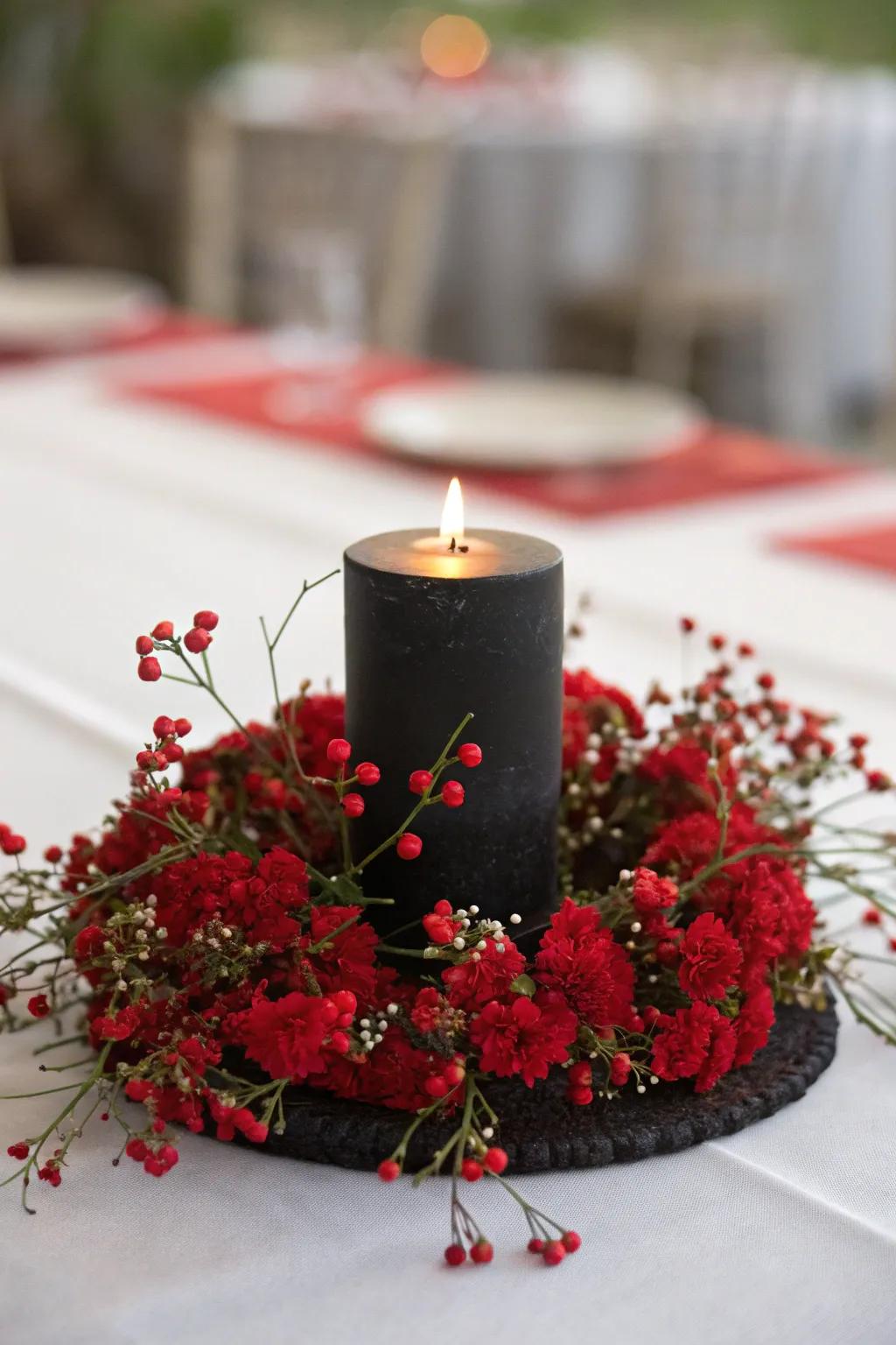 A single black candle surrounded by red blooms for understated luxury.