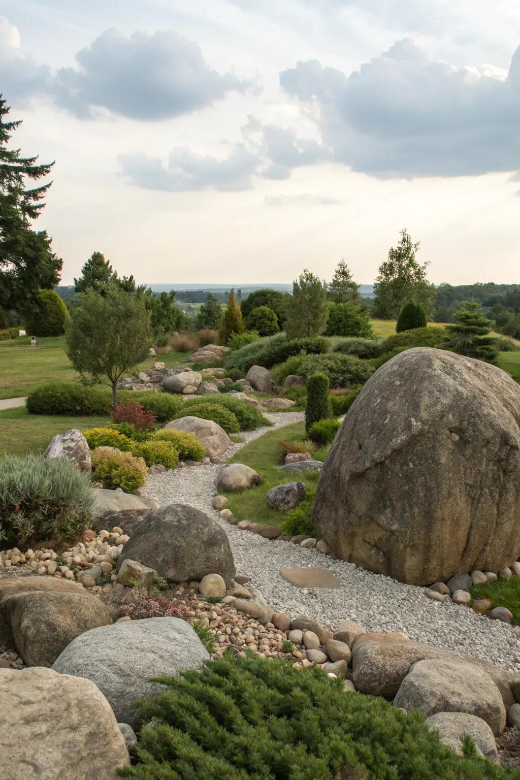 Boulders create bold focal points in the rock garden.