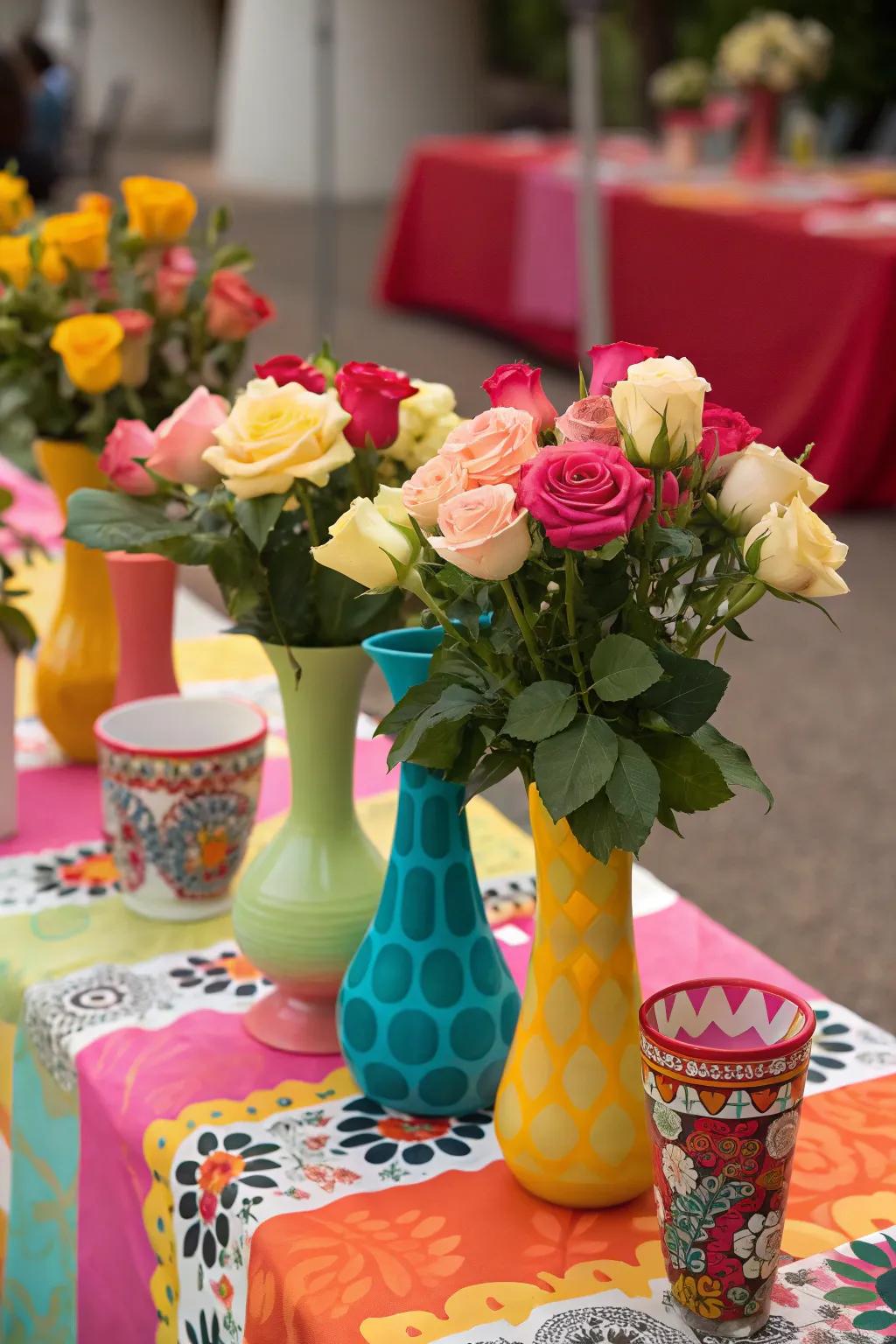 Lively Eclectic Mix with Colorful Vases and Roses