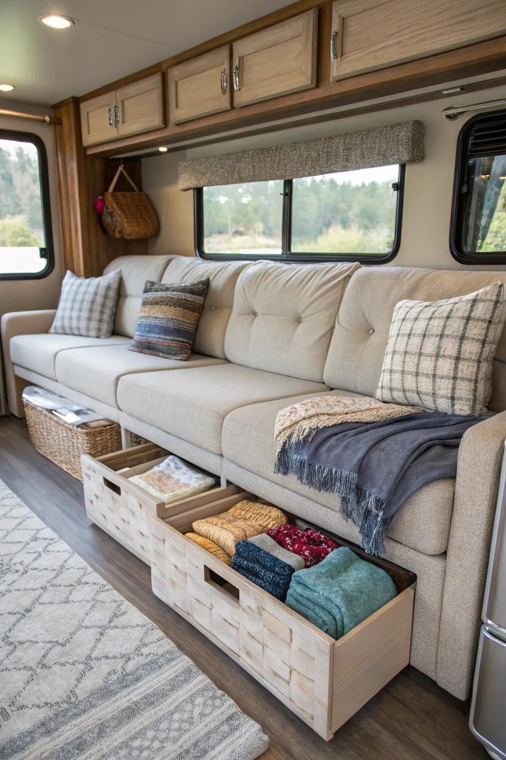 Furniture with built-in sections for discreet clothes storage in an RV.