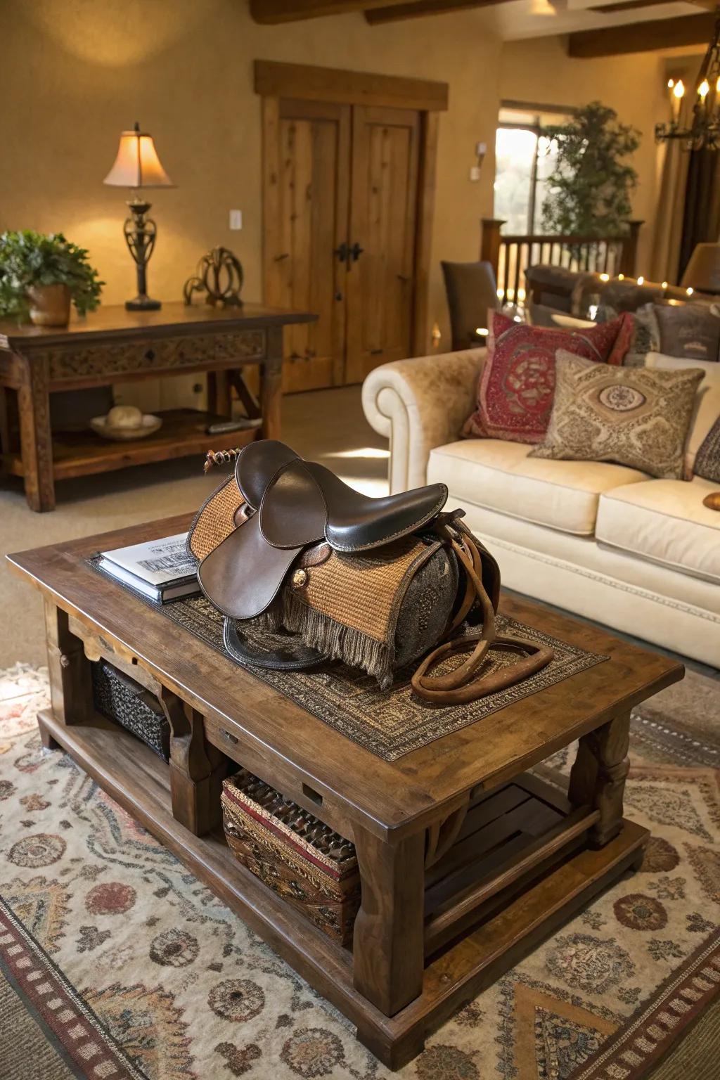 A saddle centerpiece adds rugged charm to this living room's coffee table.