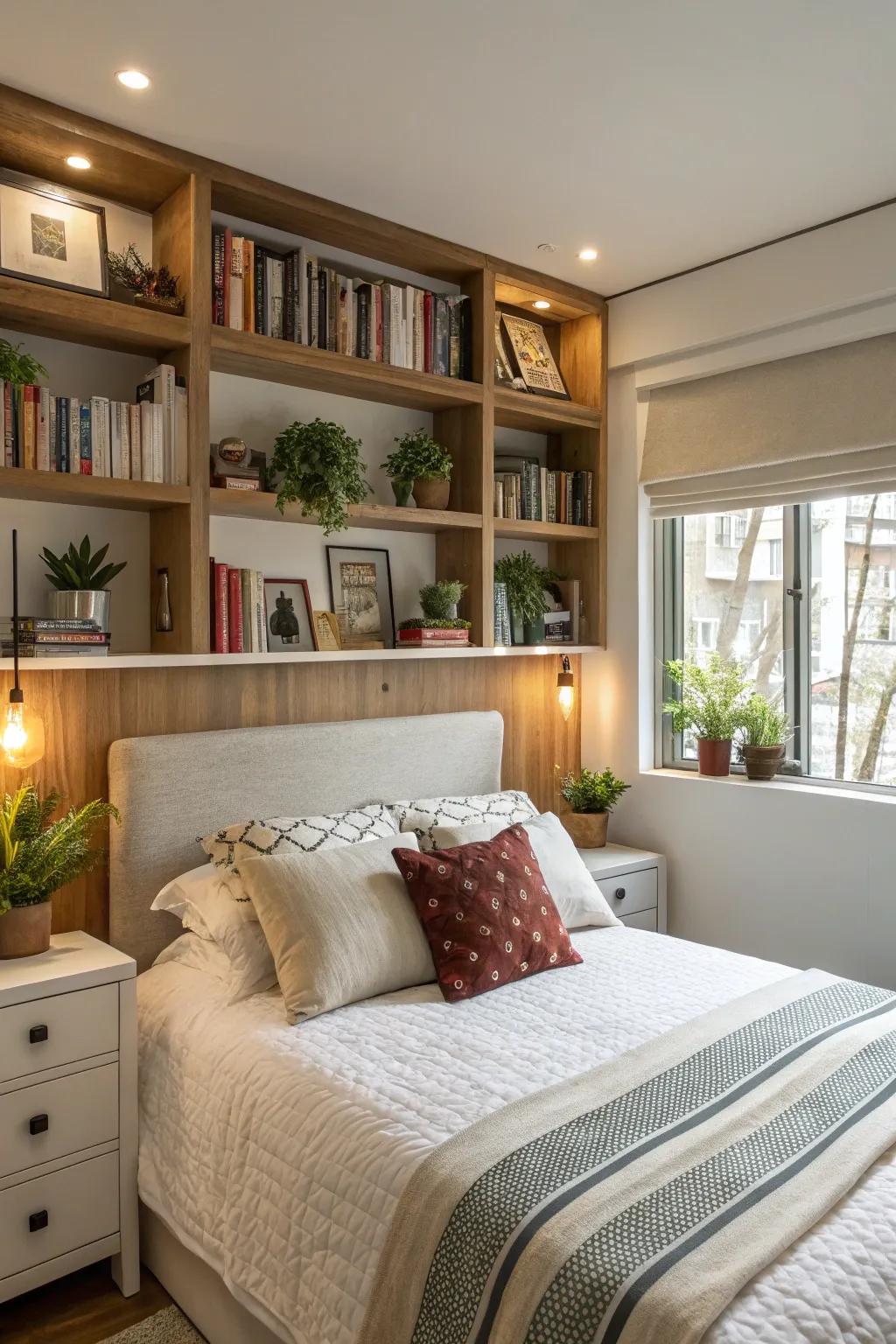 Shelves as a headboard offer style and storage.