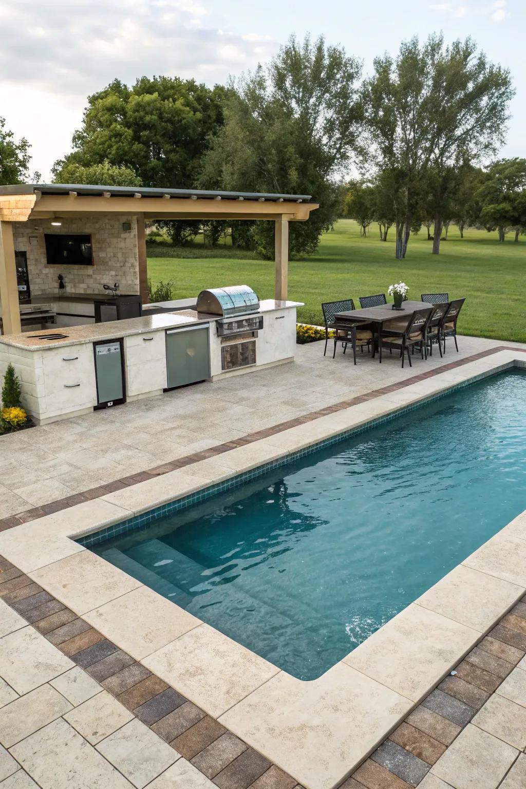 An outdoor kitchen offers the convenience of poolside dining.