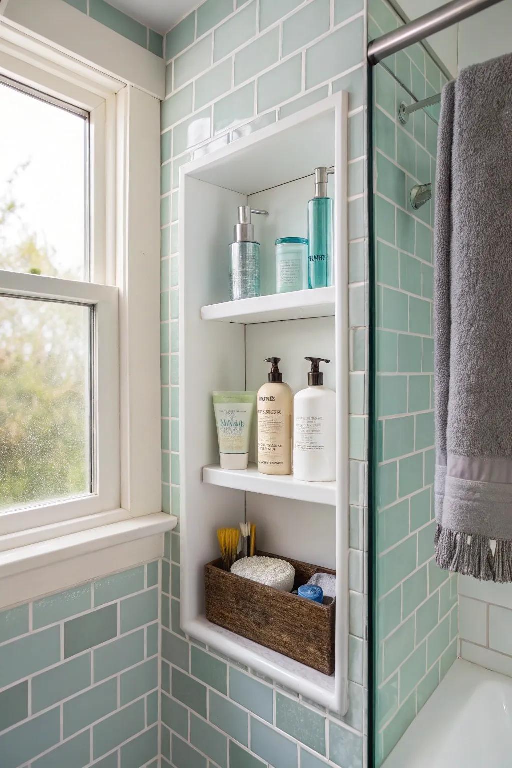 A built-in niche offers practical storage in a small bathroom.