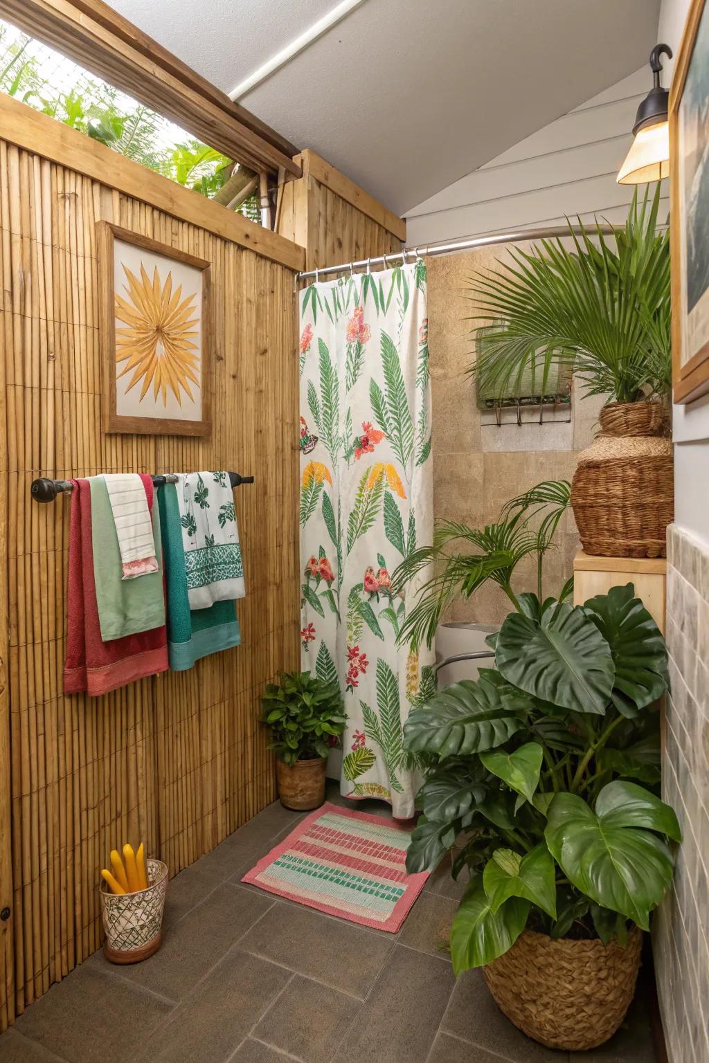 Bamboo panels in a small bathroom, enhancing an eco-friendly and calming atmosphere.