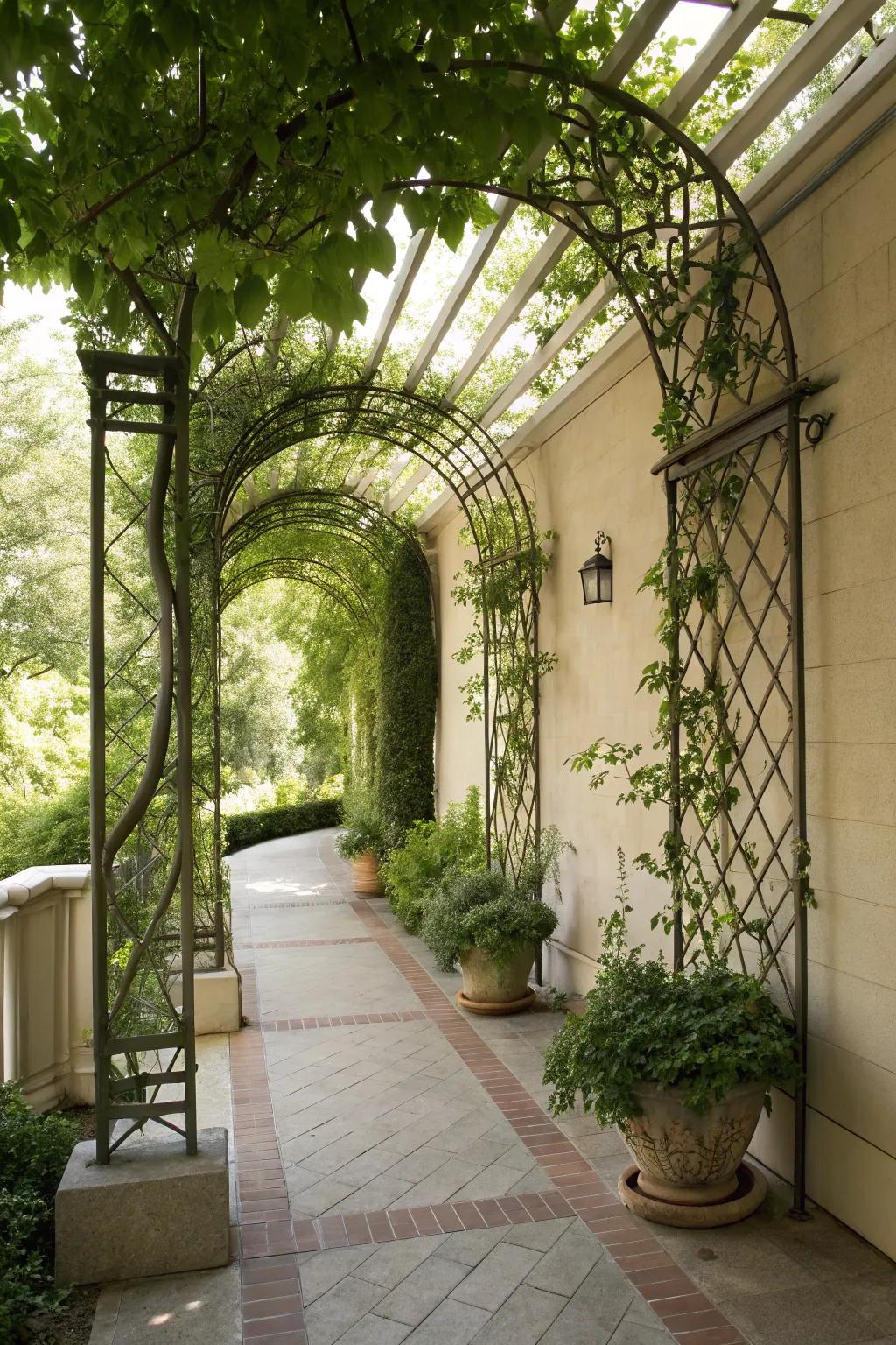 A small patio adorned with graceful arched trellises.