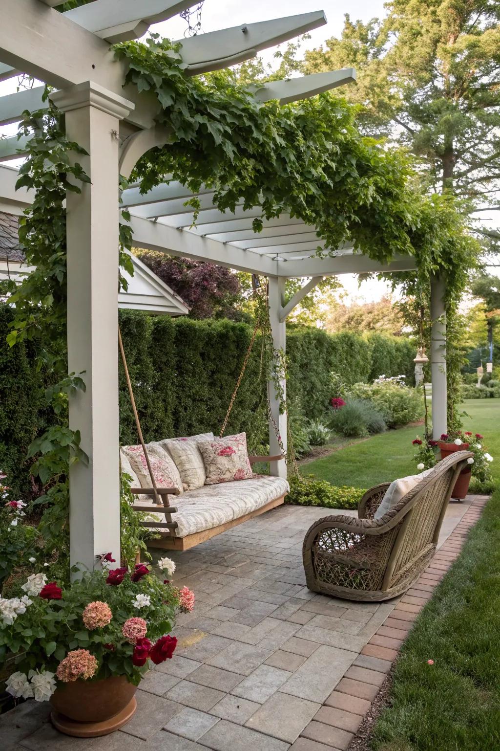 A swing chair adds a playful and cozy element to a small pergola.