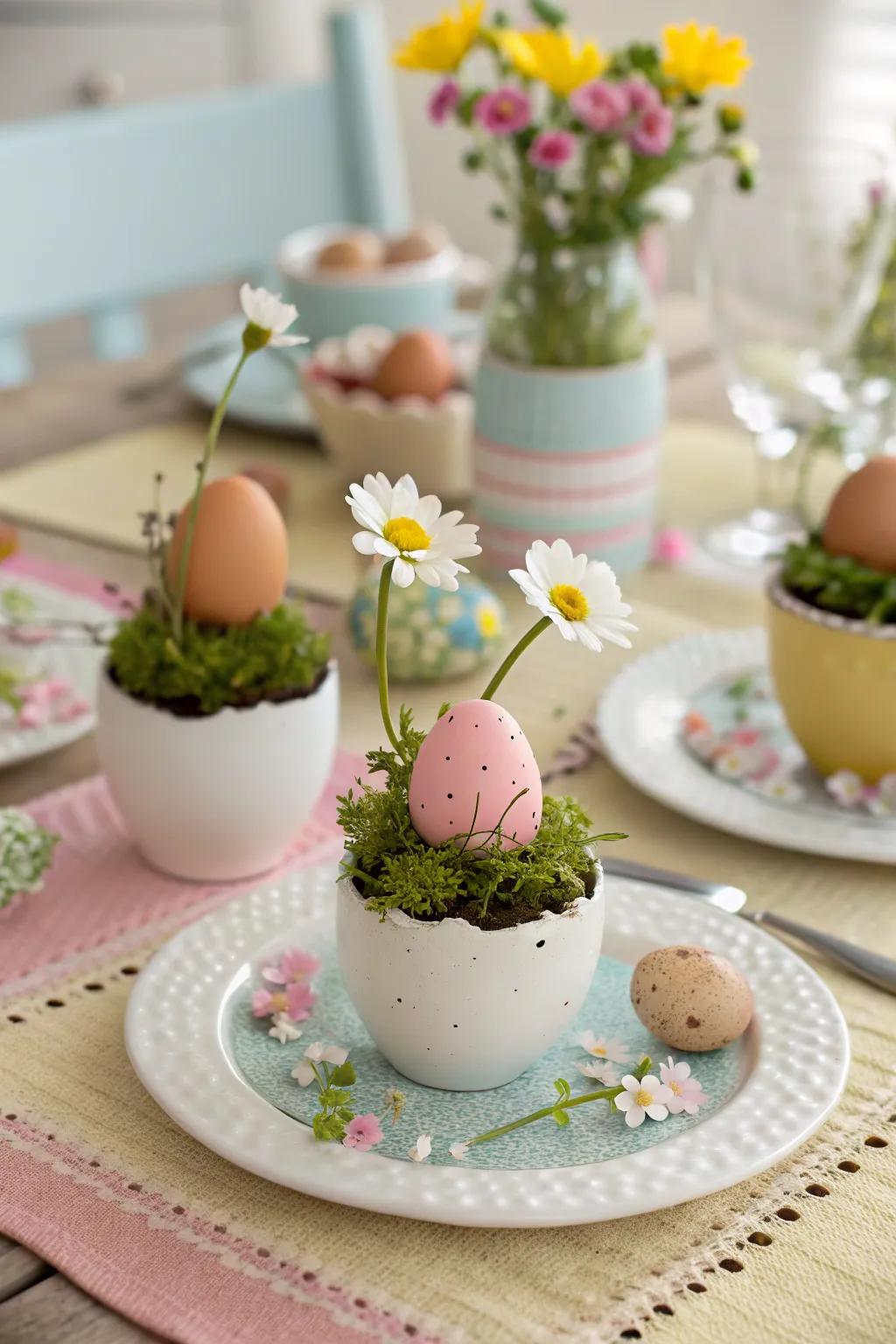 Eggshells make adorable mini vases for a whimsical table setting.