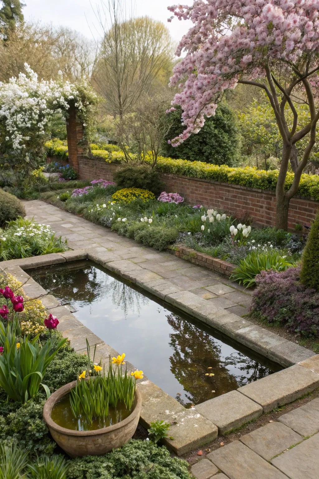 A reflective water feature adds tranquility to garden borders.