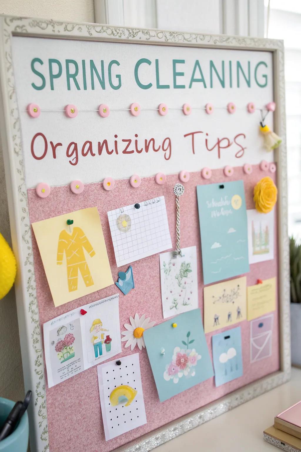 A bulletin board providing practical spring cleaning and organizing tips.