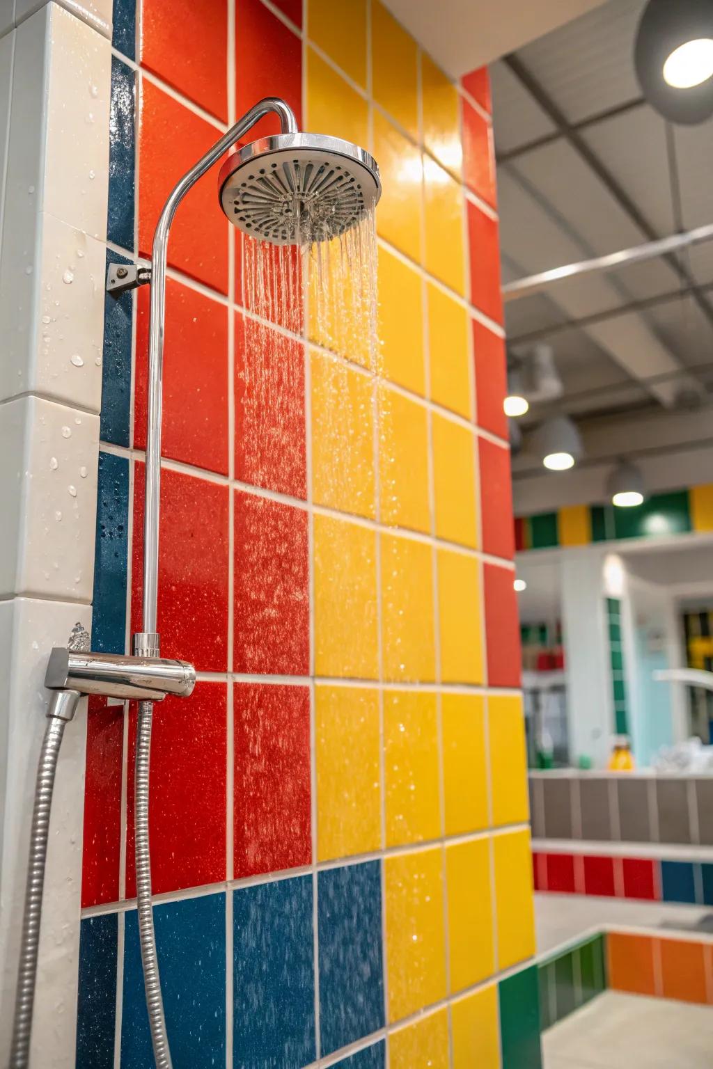 Bold colors transform a standup shower into a striking focal point.