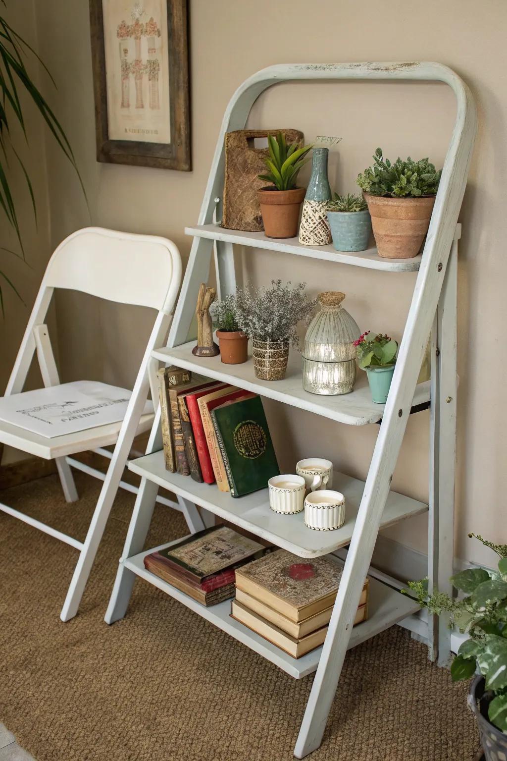 Repurpose folding chairs into a unique wall shelf.