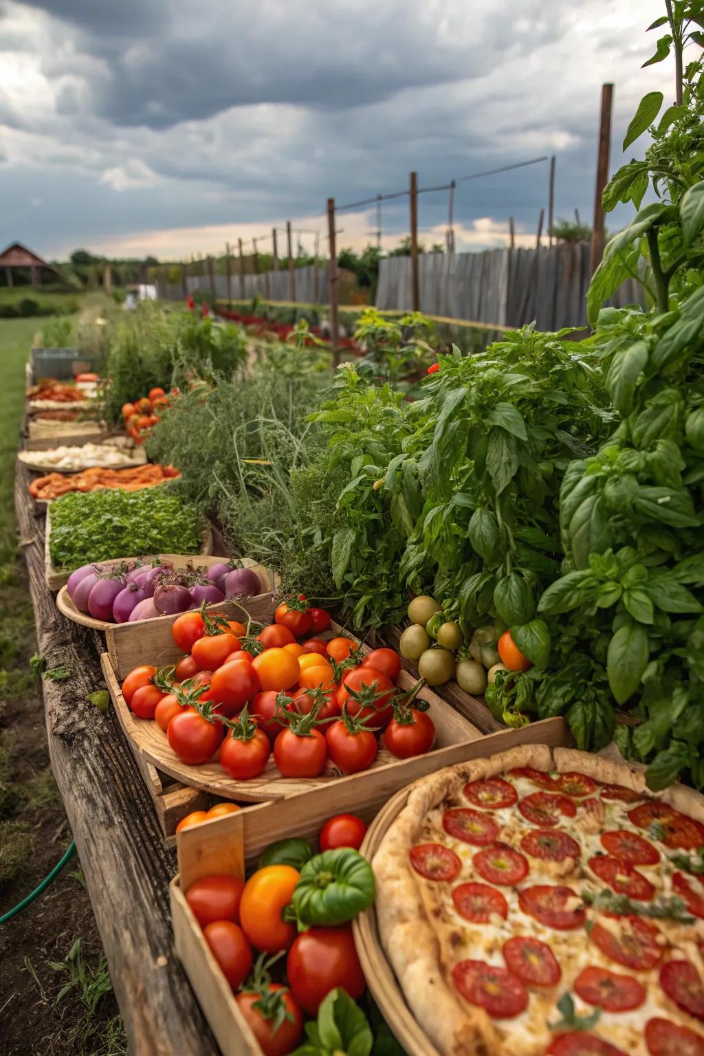 A pizza garden brimming with fresh ingredients for a delicious meal.