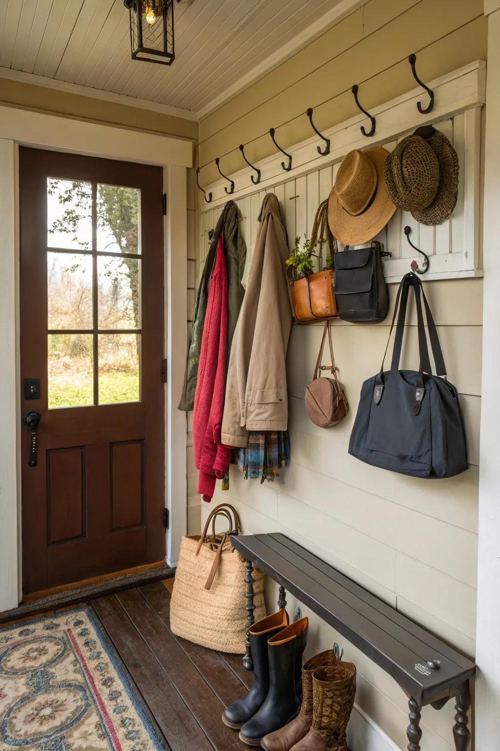 Functional hooks for a tidy porch.