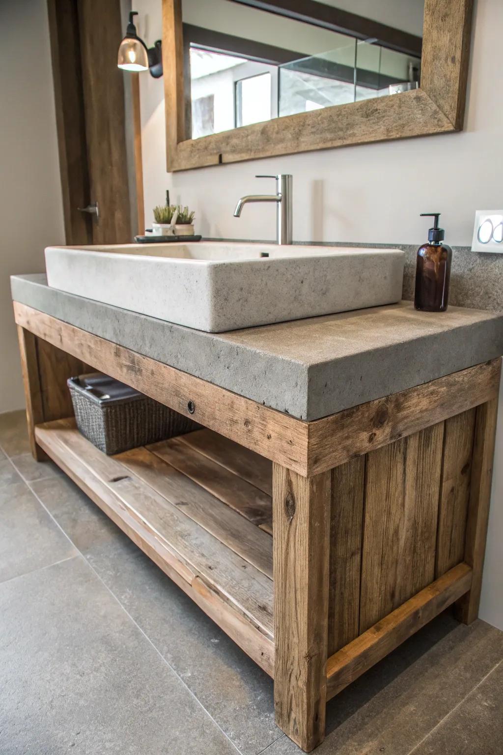 A bathroom vanity featuring unexpected materials for a dramatic and memorable design.