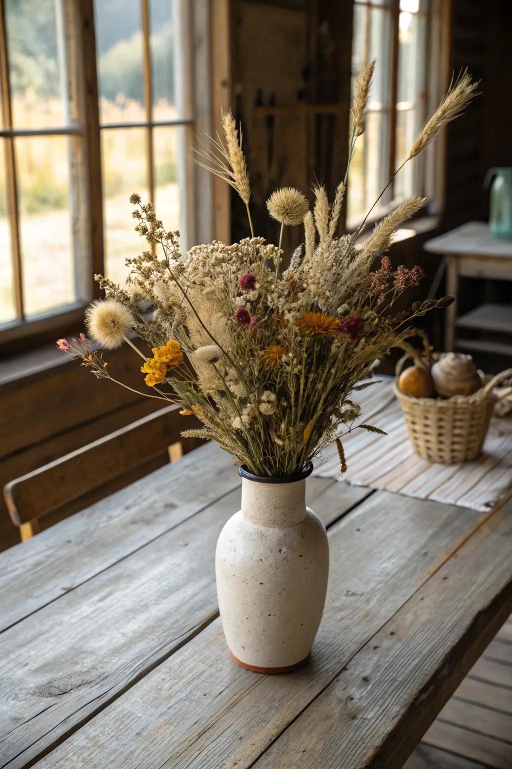 Elegant desiccated flower arrangement with rustic charm.