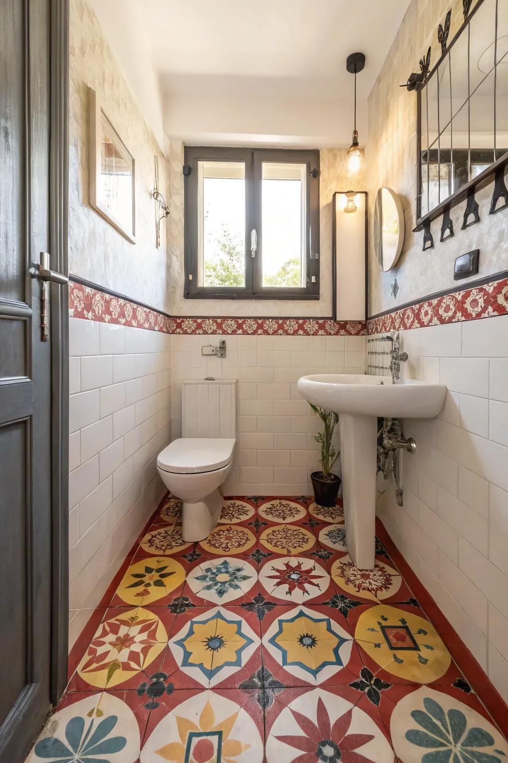 Bold floor tiles anchor and define the space.