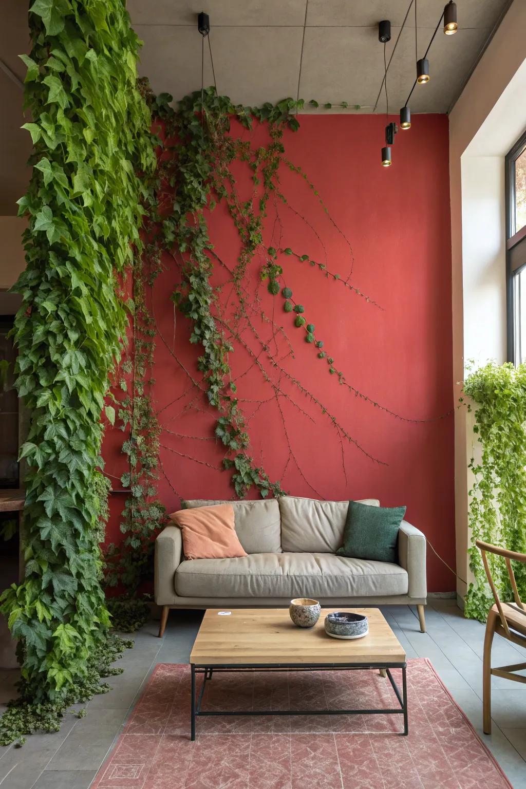 Make a declaration with the juxtaposition of strong walls and vibrant vines.