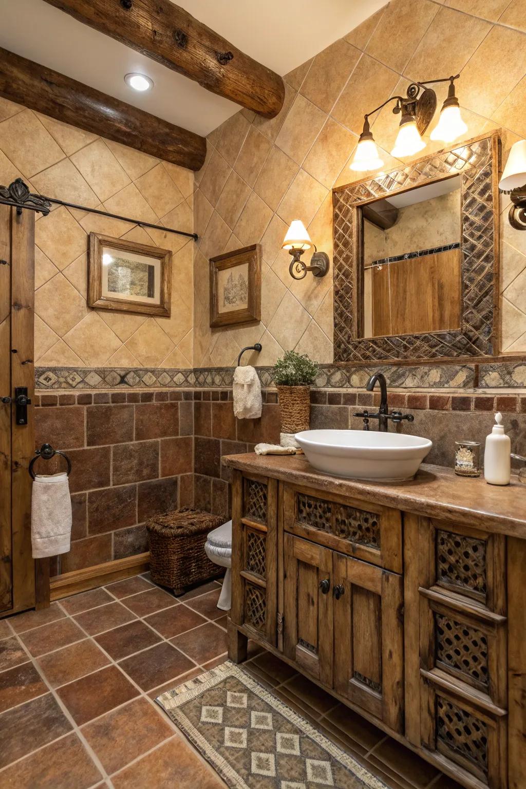 Weathered tiles bring character and an antique feel to the bathroom.