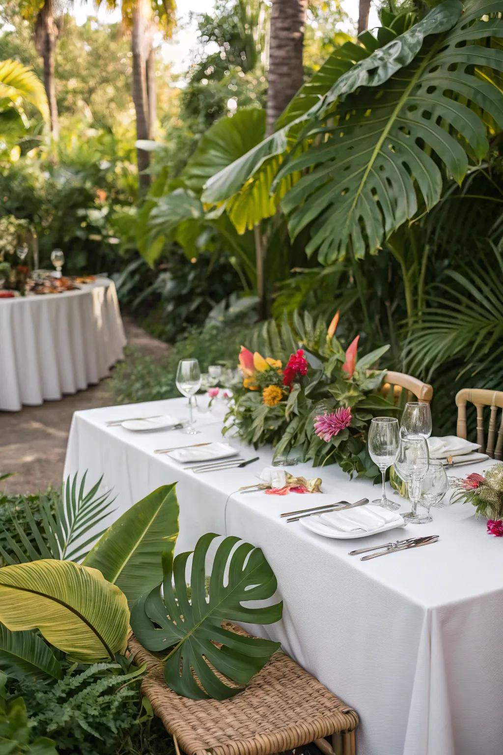 Tropical leaves add an exotic and vibrant touch to summer weddings.