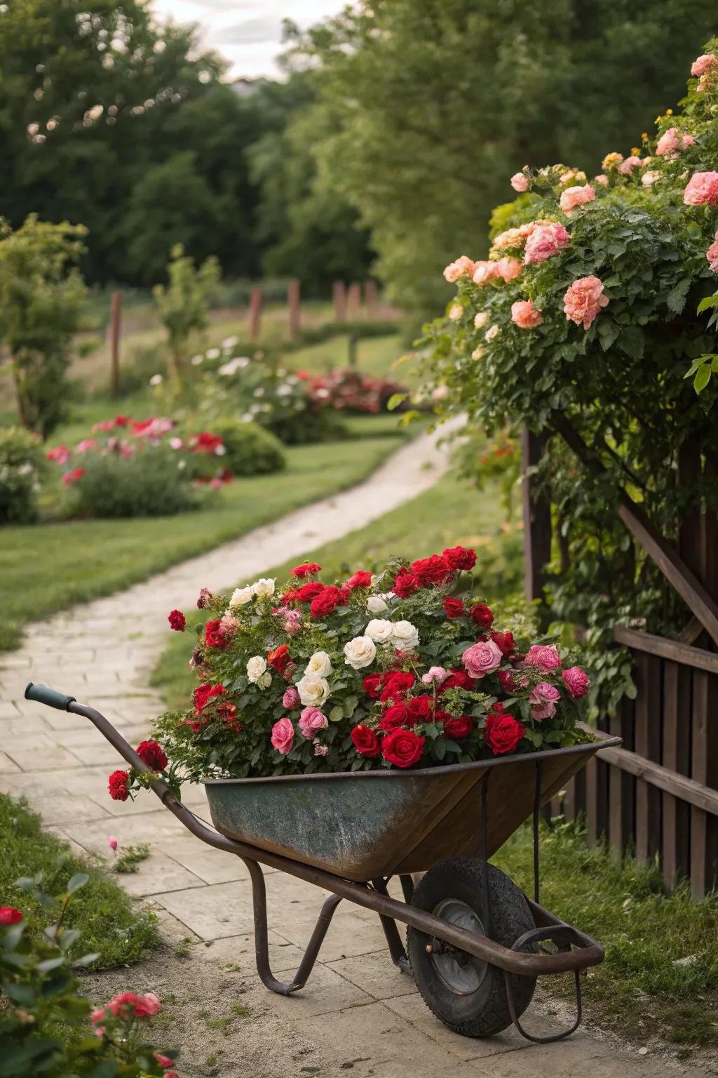 Add romance to your garden with a rose-filled wheelbarrow.