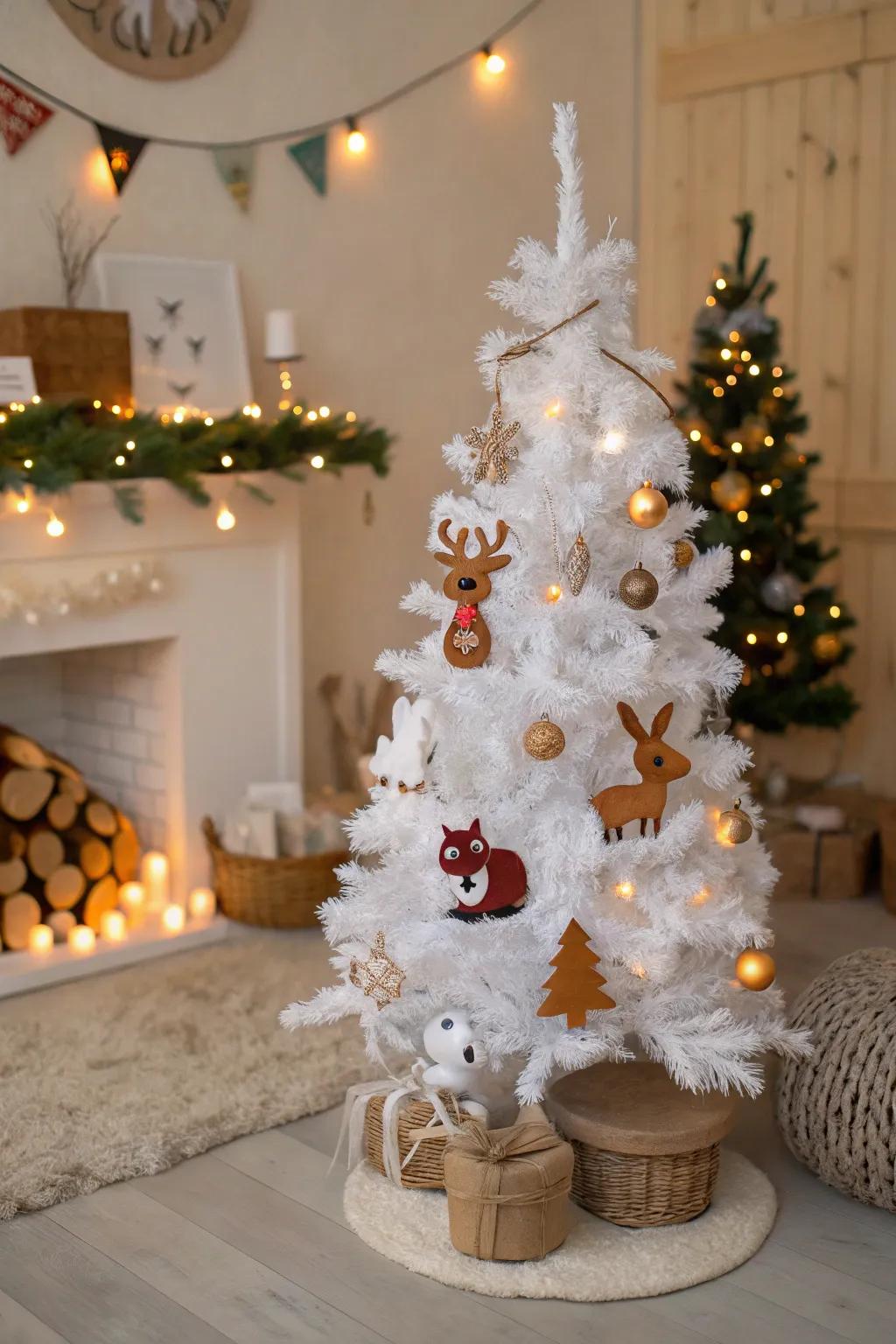 Charming sylvan beings on a white Christmas tree.