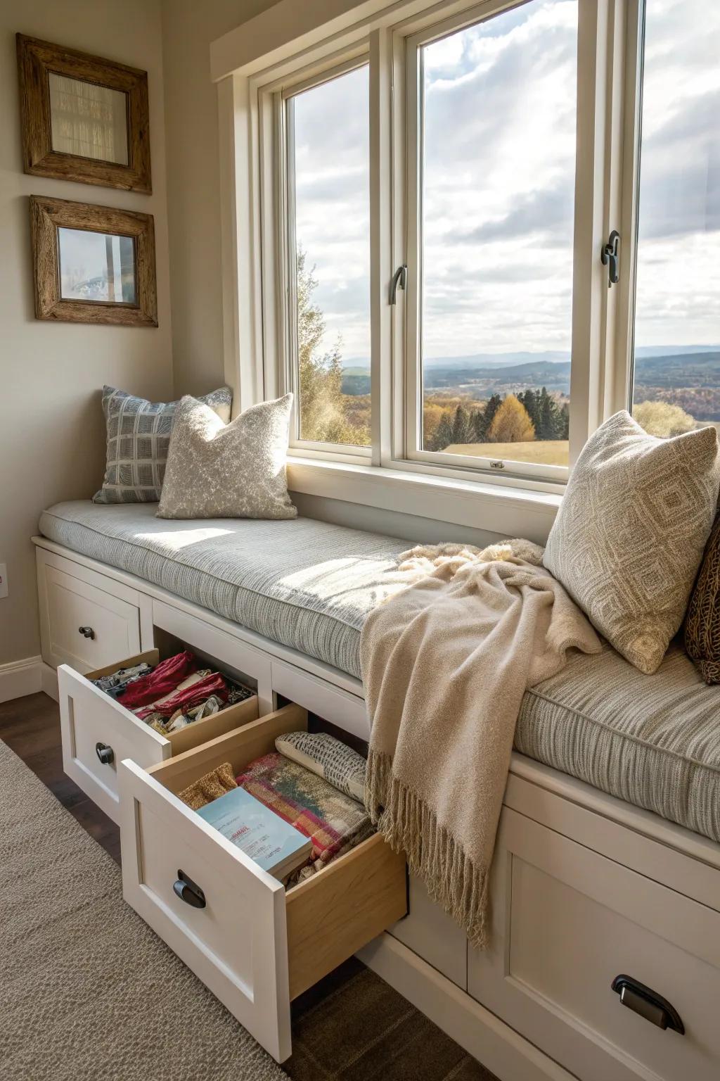 A window seat with discreet storage options, perfect for small spaces.