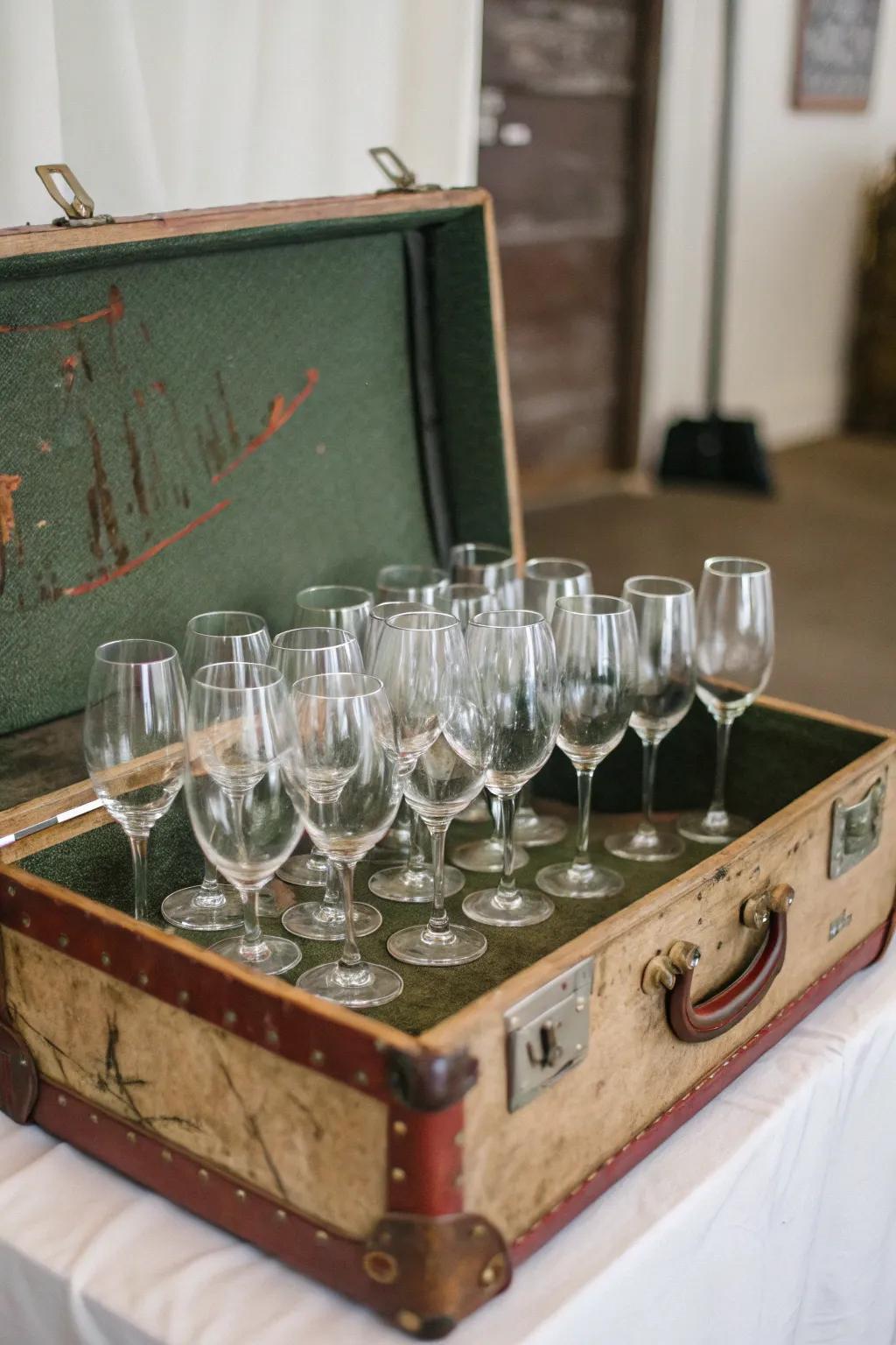 A vintage suitcase adding charm to wine glass display.