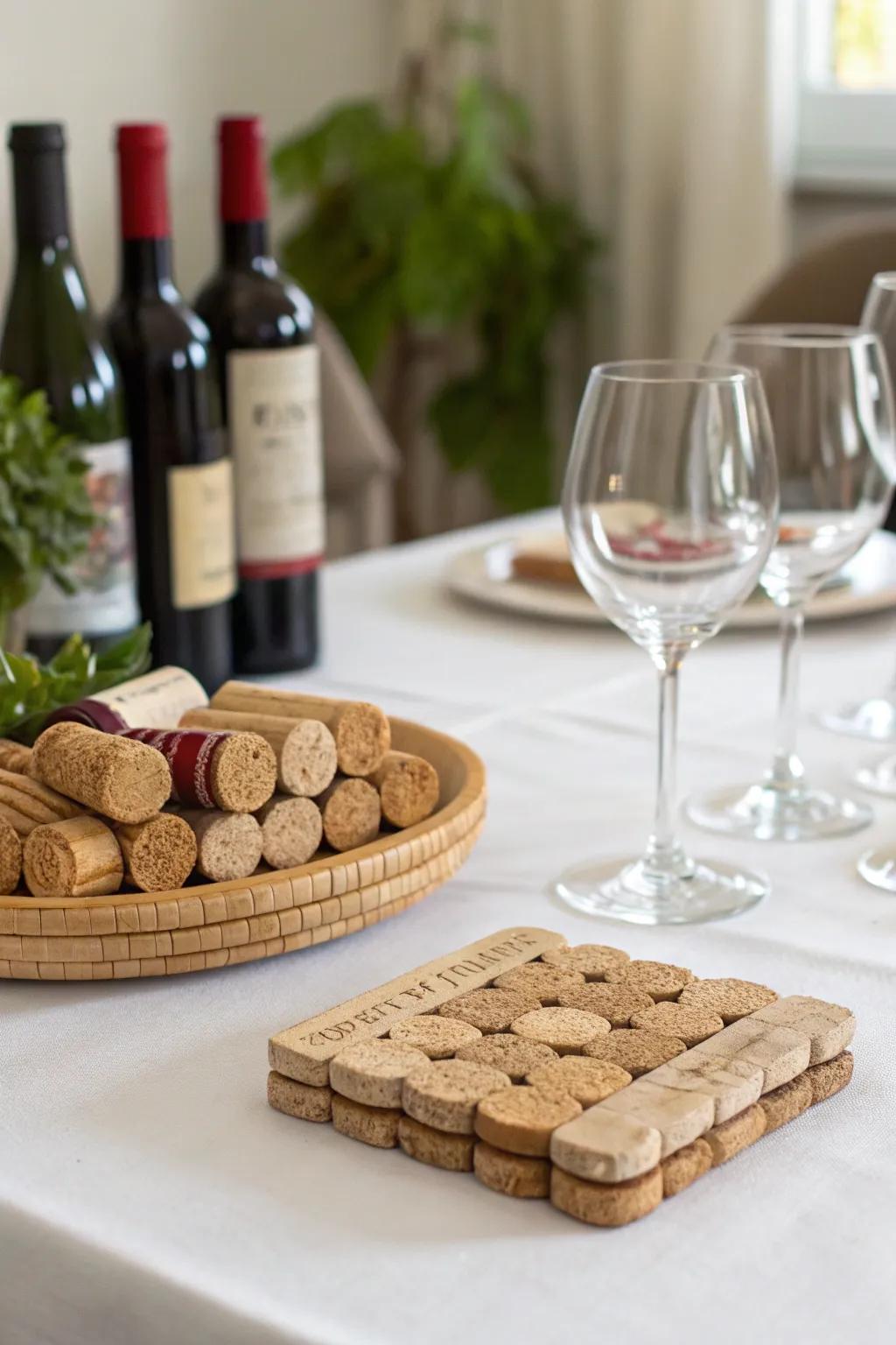 DIY wine stopper coasters contribute a personal and raw touch.