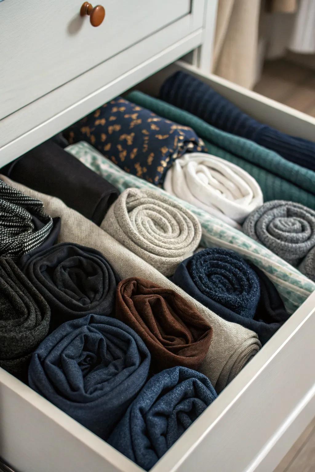 Fold and roll clothes for efficient storage.