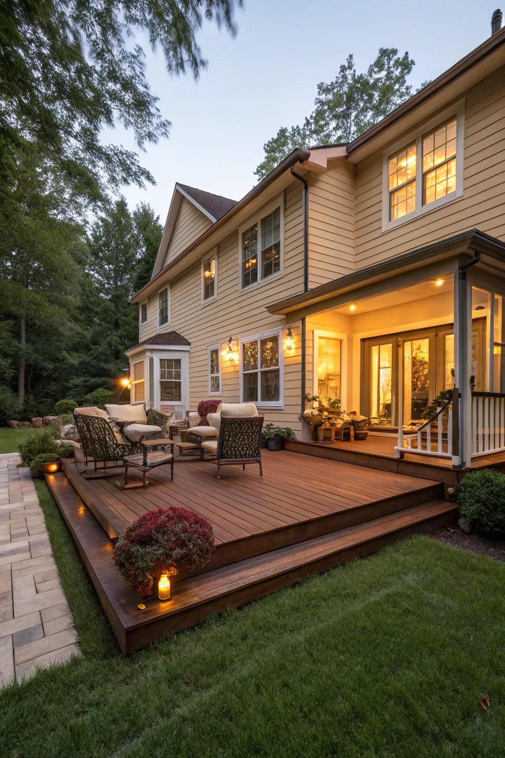 Mahogany decking adds a rich and elegant touch to a tan house.
