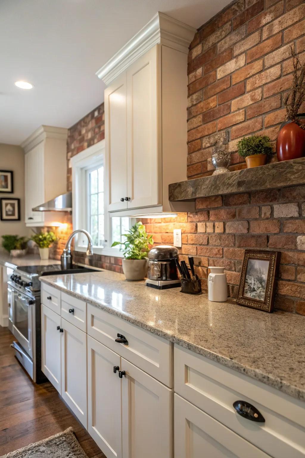 Brick backsplash adds rustic charm to granite countertops.