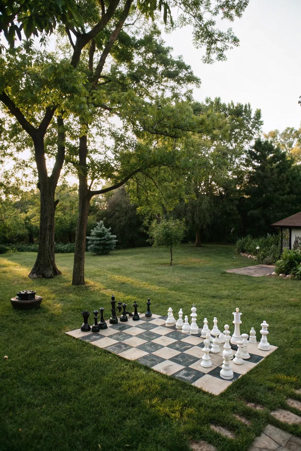 A backyard chess set provides both entertainment and a striking visual element.